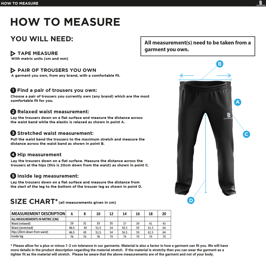 Oakfield & Rowlands CC - Women's Ripstop Track Pant - Size Guide