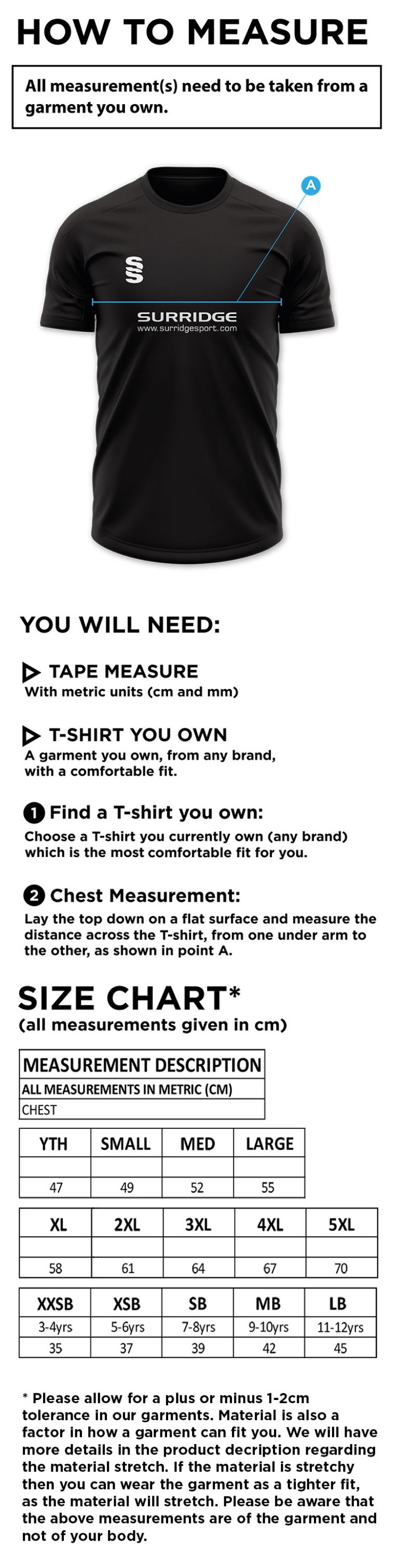 Oakfield & Rowlands CC - Blade T-Shirt - Size Guide