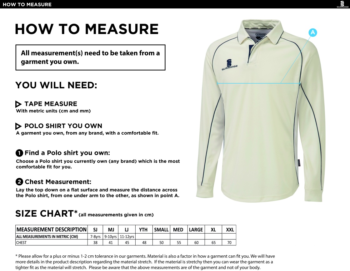Oakfield & Rowlands CC - Premier Long Sleeve Maroon Trim Shirt - Size Guide