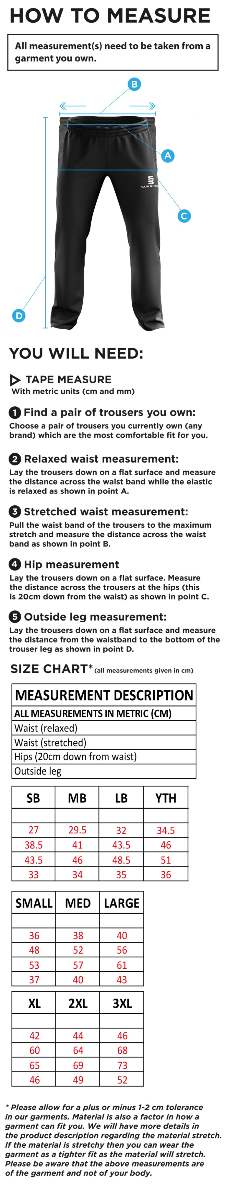 Oakfield & Rowlands CC - Ripstop Track Pant - Size Guide