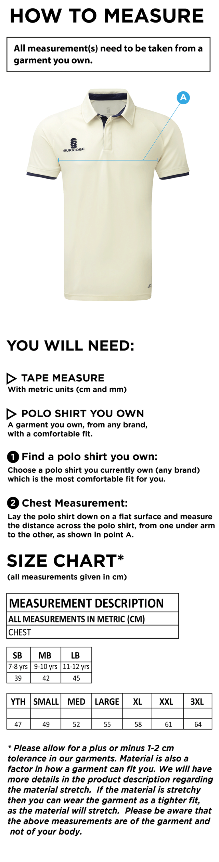 Oakfield & Rowlands CC - Ergo Short Sleeve Maroon Trim Shirt - Size Guide