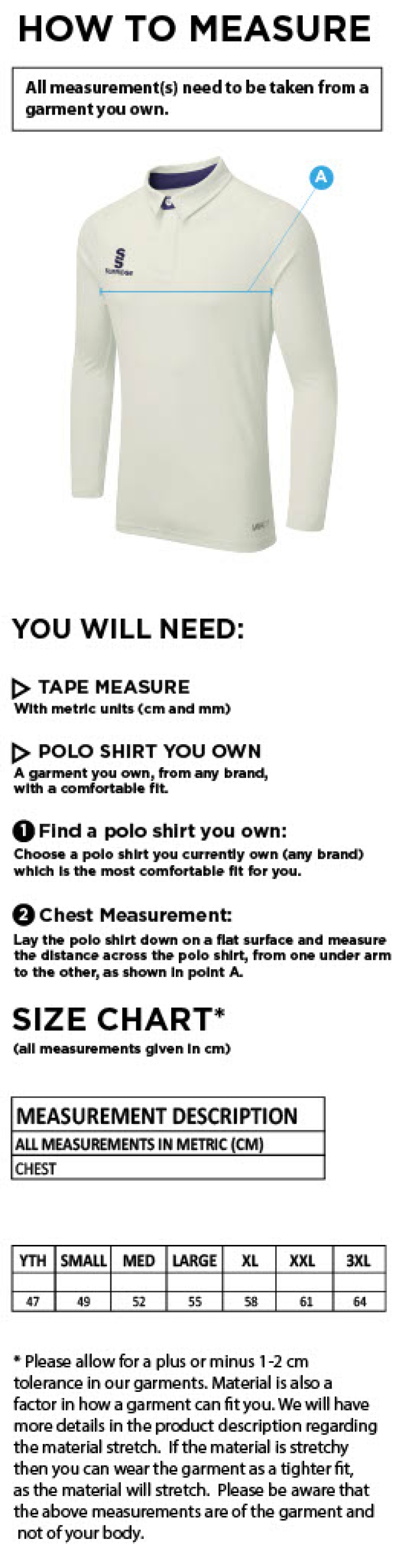 Oakfield & Rowlands CC - Ergo Long Sleeve Maroon Trim Shirt - Size Guide