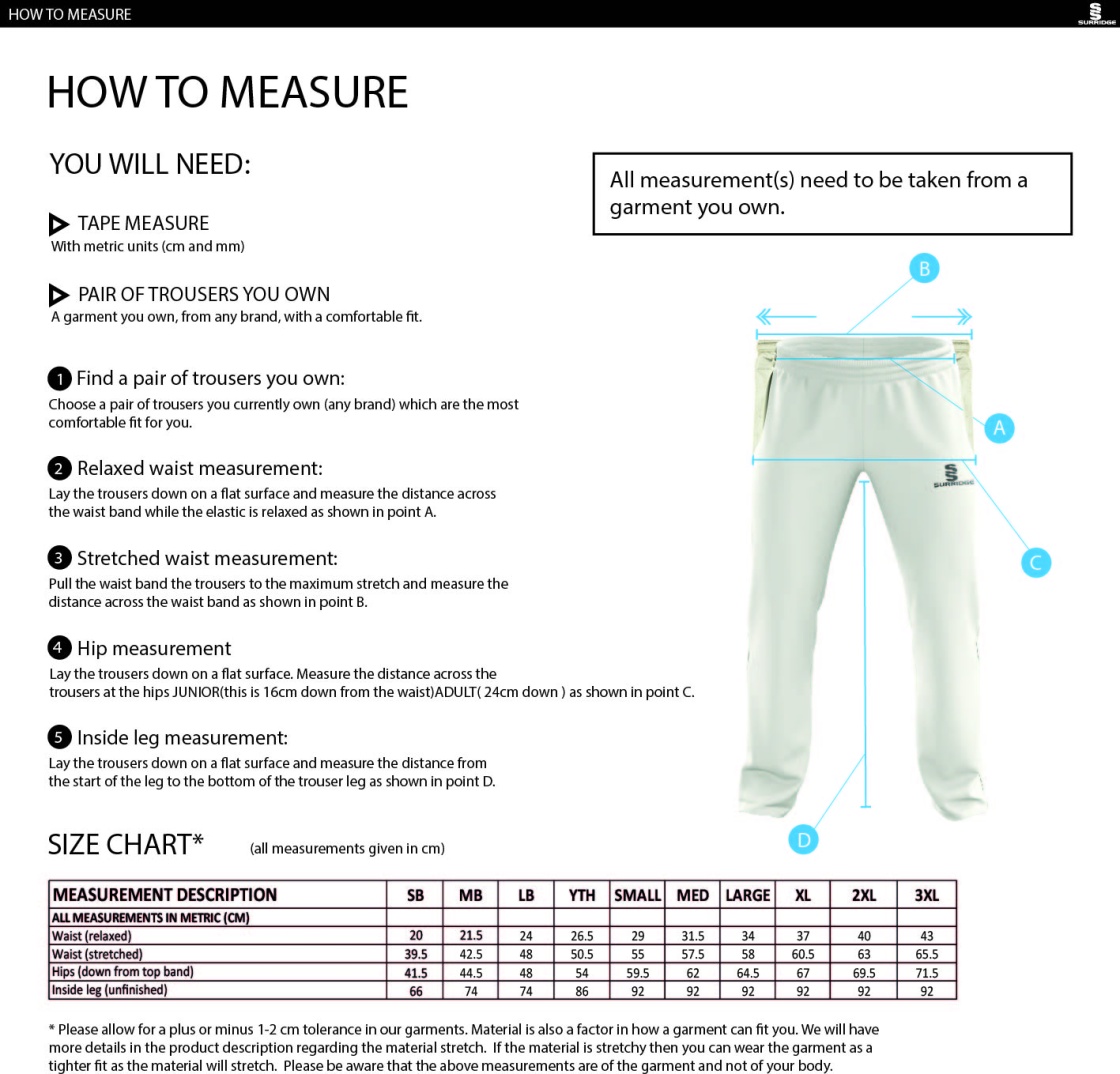 Oakfield & Rowlands CC - Standard Playing Pant - Size Guide