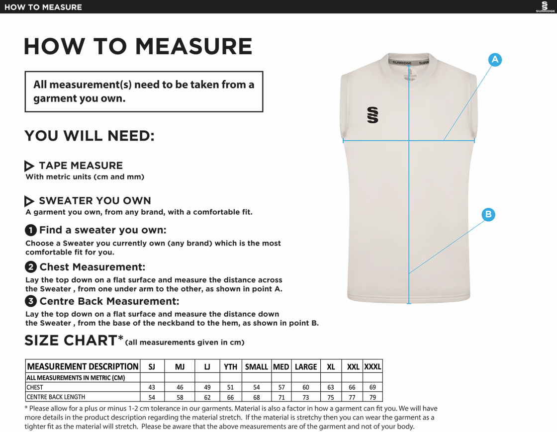 Oakfield & Rowland Blast Sleeveless Cricket Sweater - Size Guide