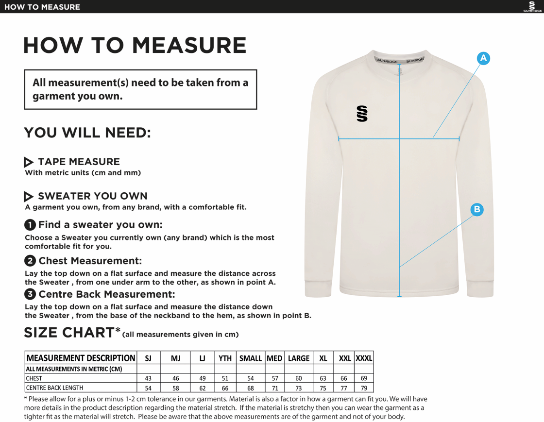 Oakfield and Rowland CC Blast Long Sleeve Cricket Sweater - Size Guide