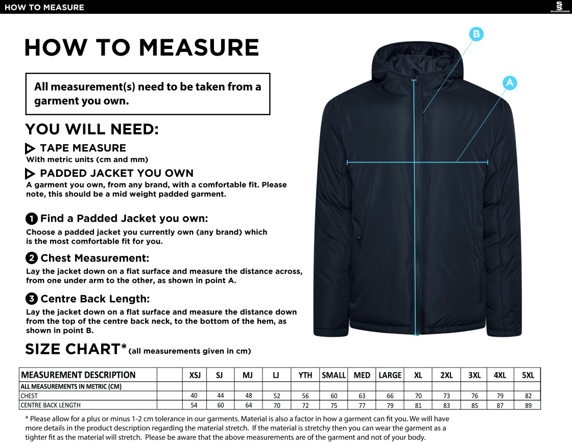 Oakfield & Rowlands Active Padded Jacket - Navy - Size Guide