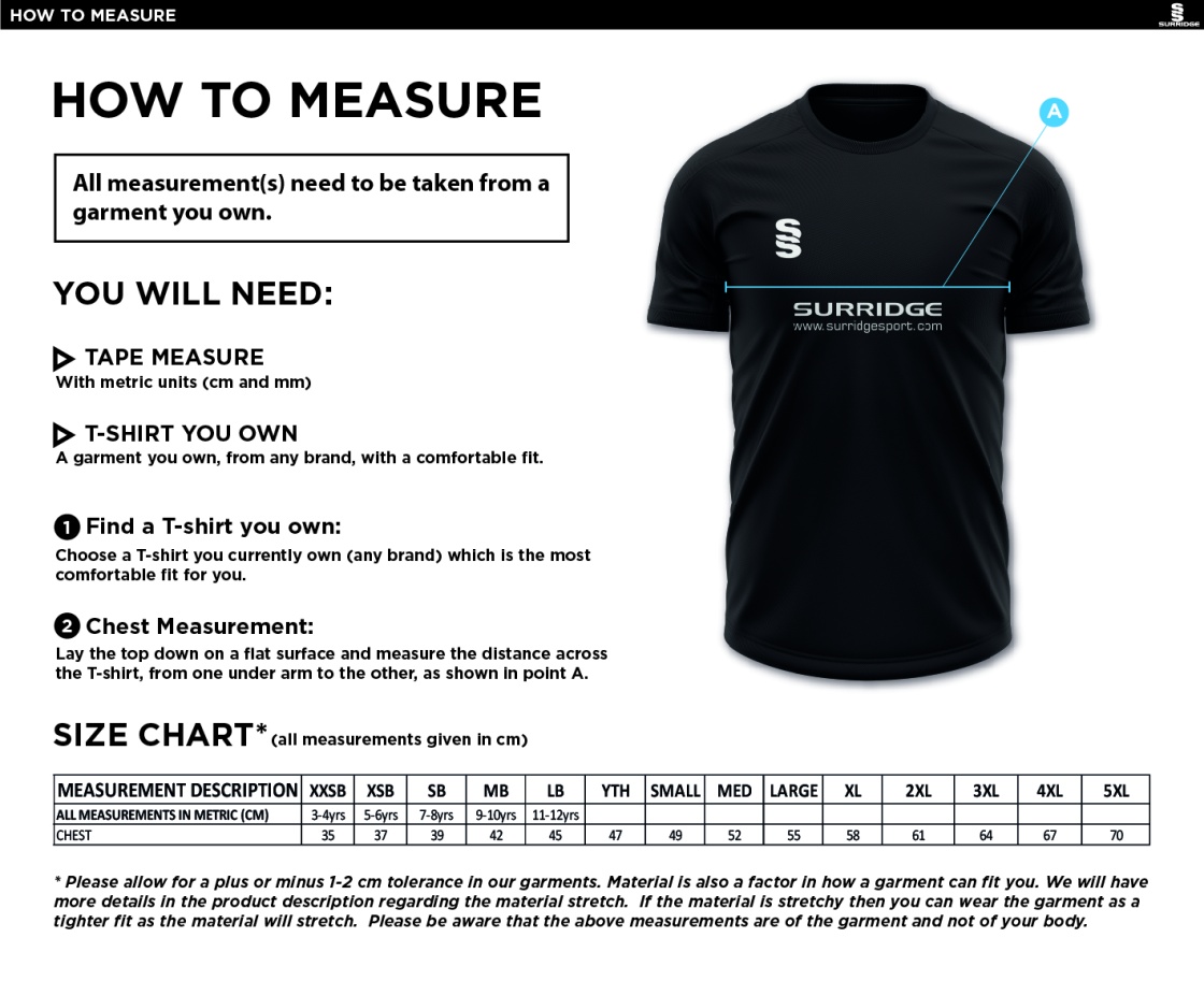 Oakfield & Rowlands CC - Blade T-Shirt - Size Guide