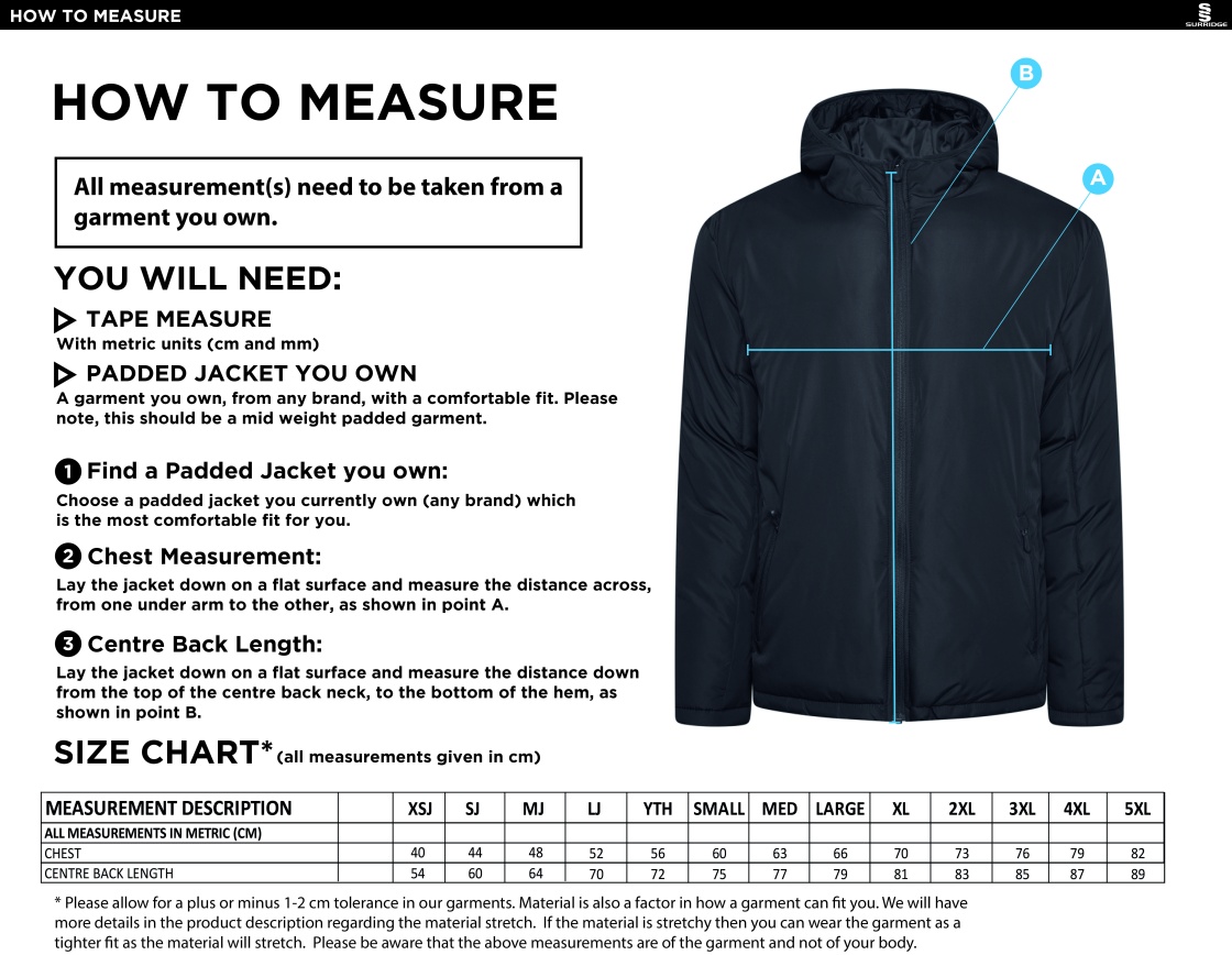 Oakfield & Rowlands Active Padded Jacket - Navy - Size Guide