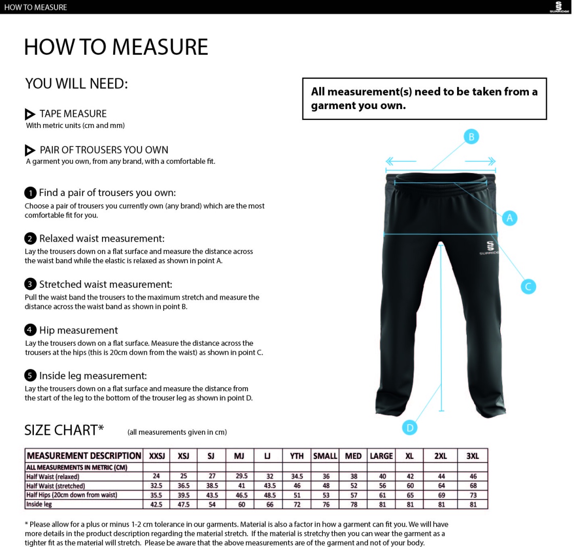 Oakfield & Rowlands CC POPLIN TRACK PANT WITH LYCRA - Size Guide