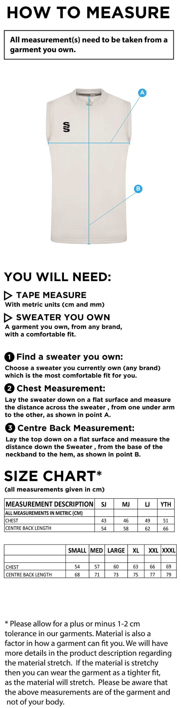 Oakfield & Rowland Blast Sleeveless Cricket Sweater - Size Guide