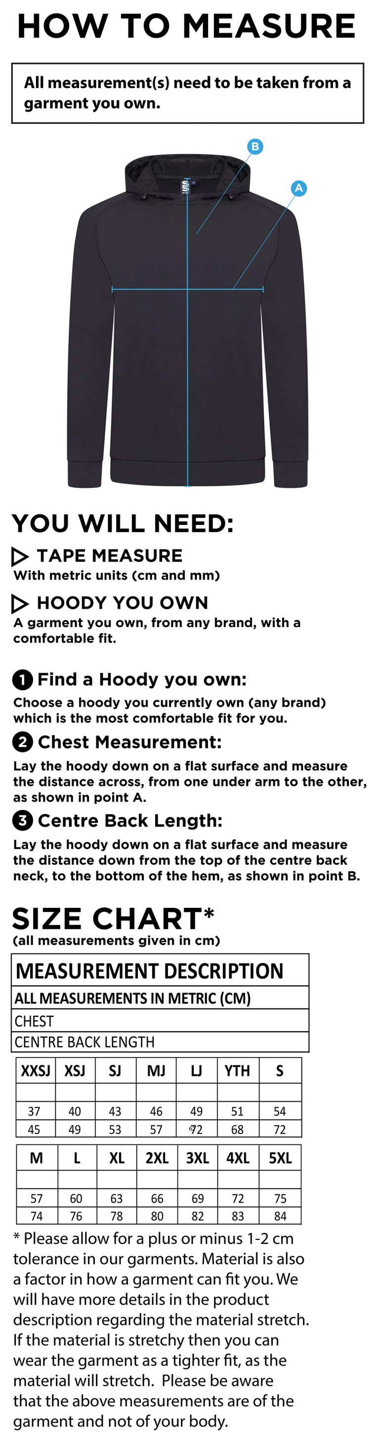 Oakfield & Rowlands ACTIVE HOODY NAVY - Size Guide