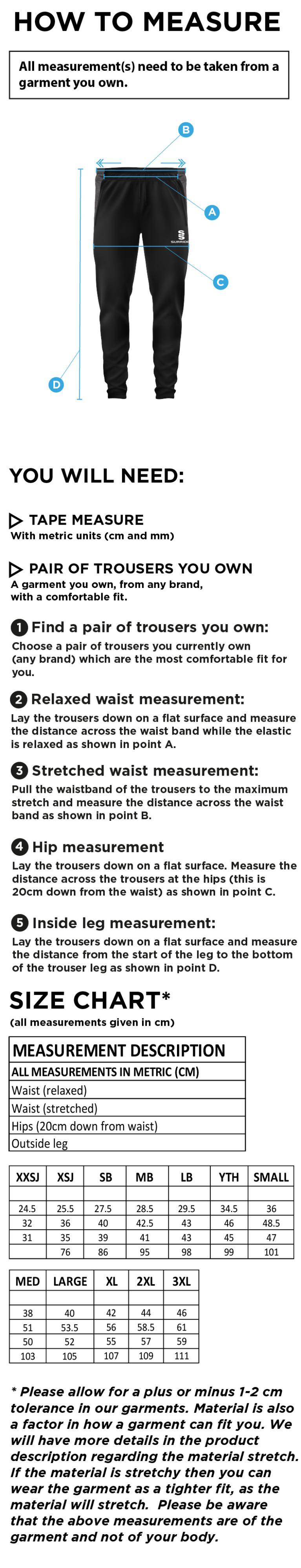 Oakfield & Rowlands CC - Tek Slim Pant - Size Guide