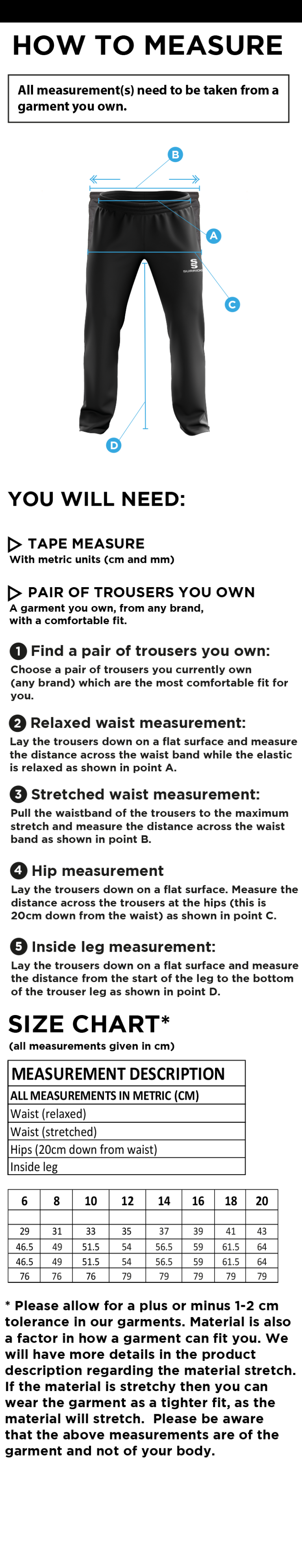 Oakfield & Rowlands CC - Women's Poplin Track Pant - Size Guide