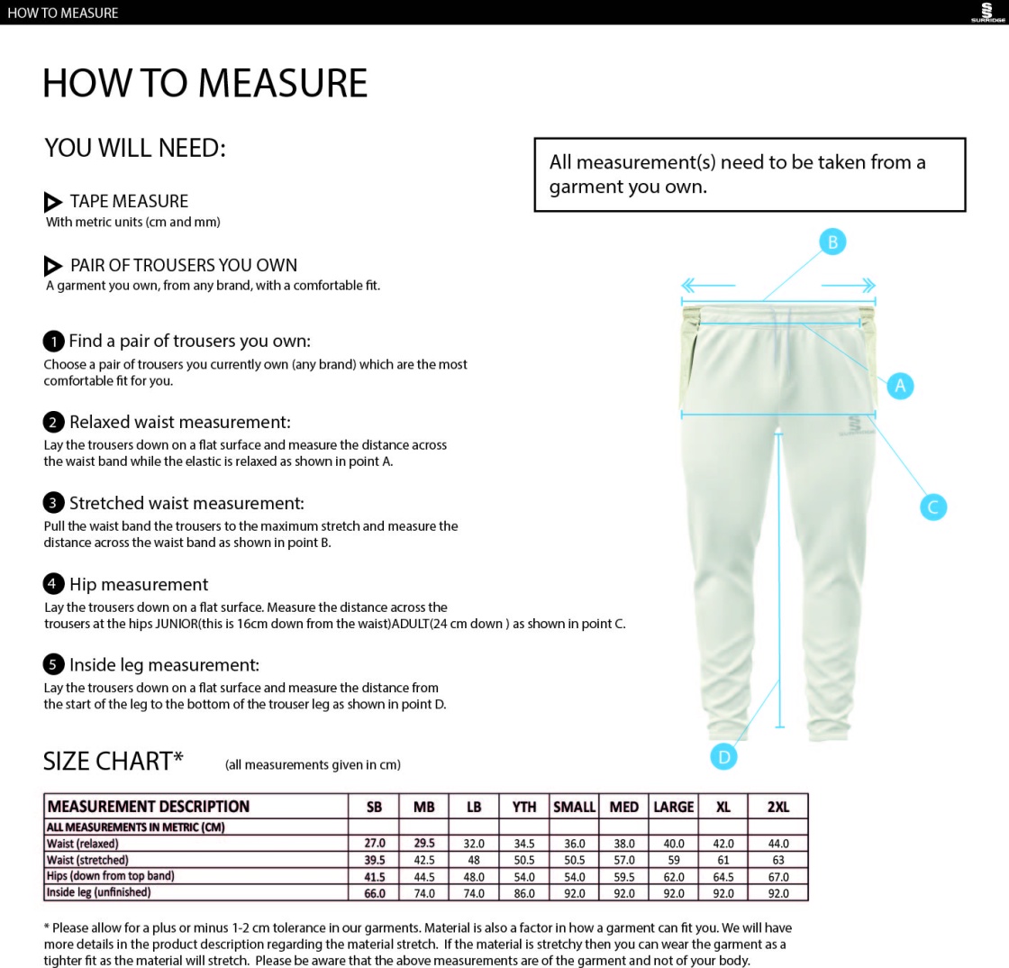Oakfield & Rowlands CC - Tek Playing Pant - Size Guide
