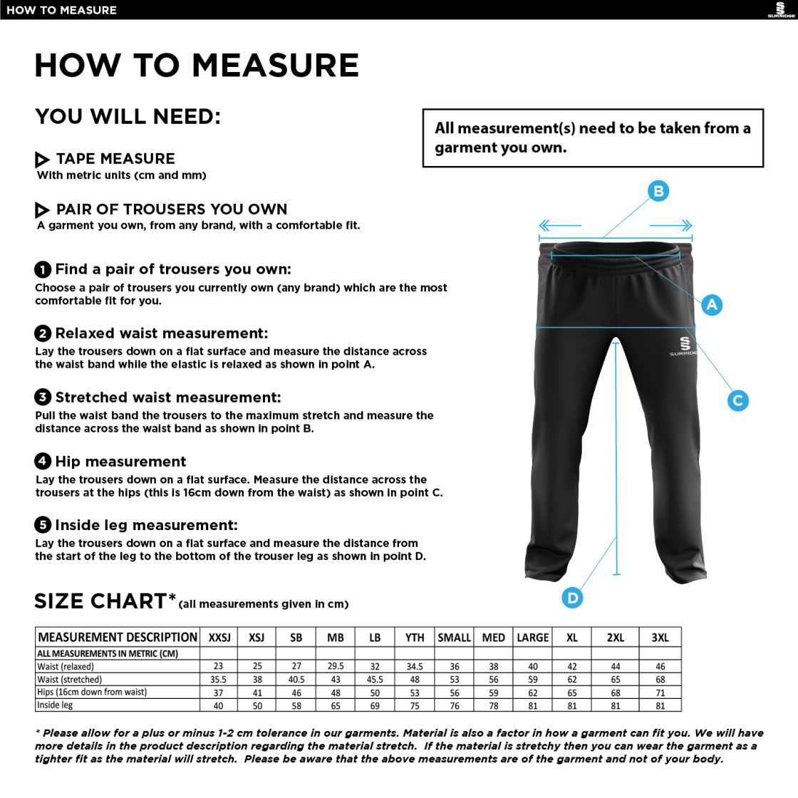 Oakfield & Rowlands CC - Poplin Track Pant - Size Guide