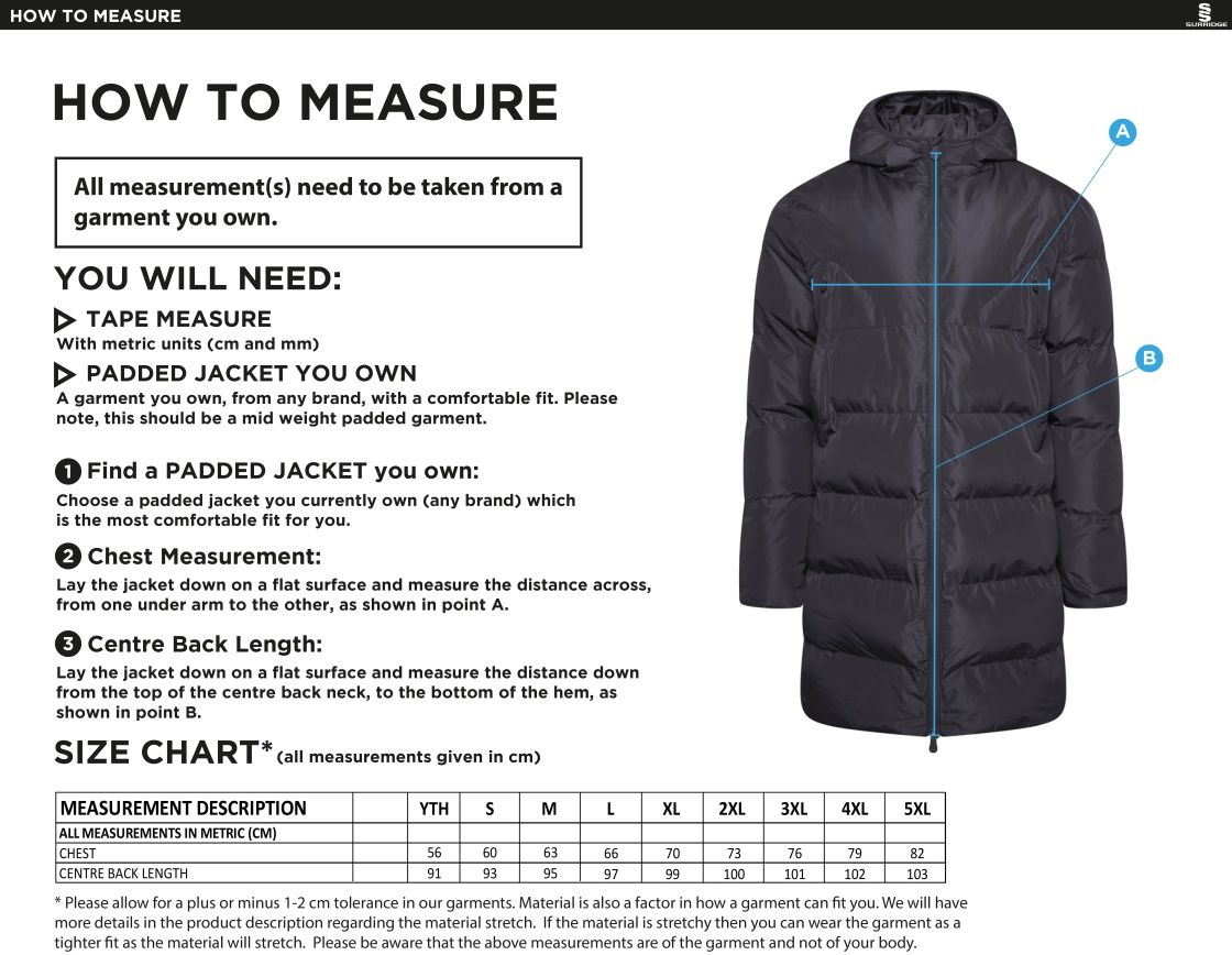 Oakfield and Rowlands ACTIVE LONG PADDED JACKETS - Size Guide