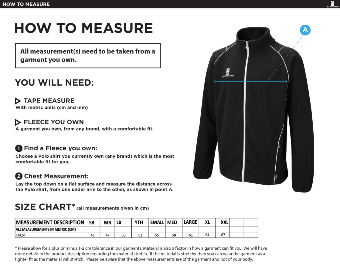 Oakfield & Rowlands CC - Full Zip Fleece Jacket - Size Guide