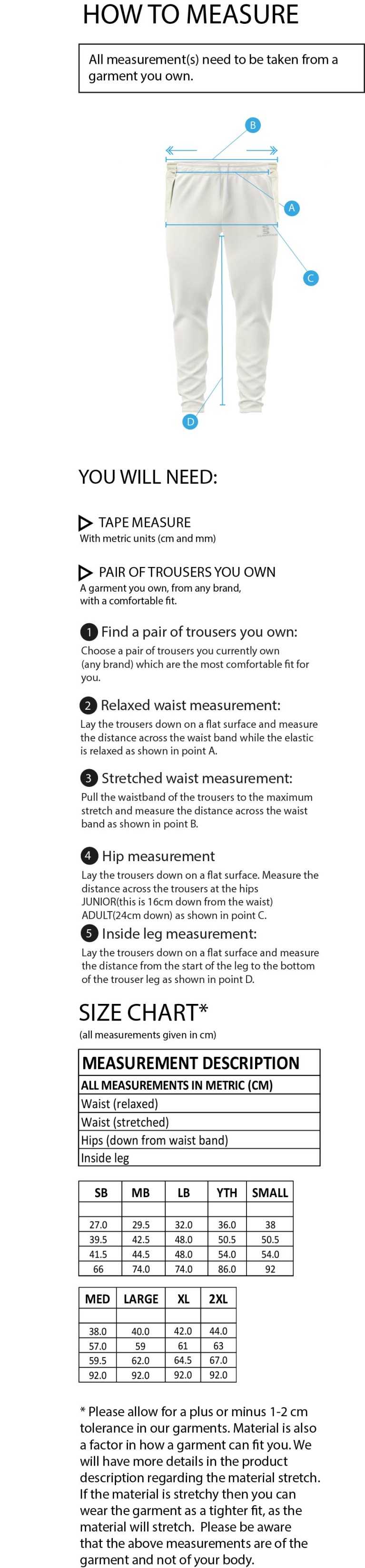 Oakfield & Rowlands CC - Tek Playing Pant - Size Guide