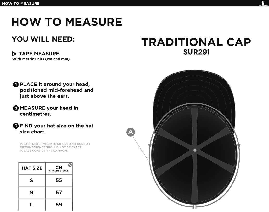 Oakfield & Rowlands CC - English Playing Cap - Size Guide