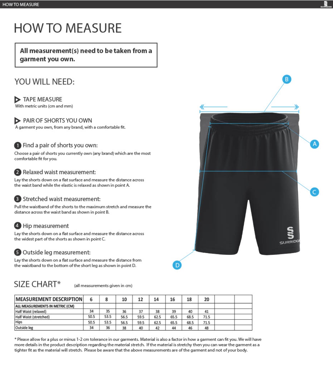 Oakfield & Rowlands CC - Women's Ripstop Short - Size Guide