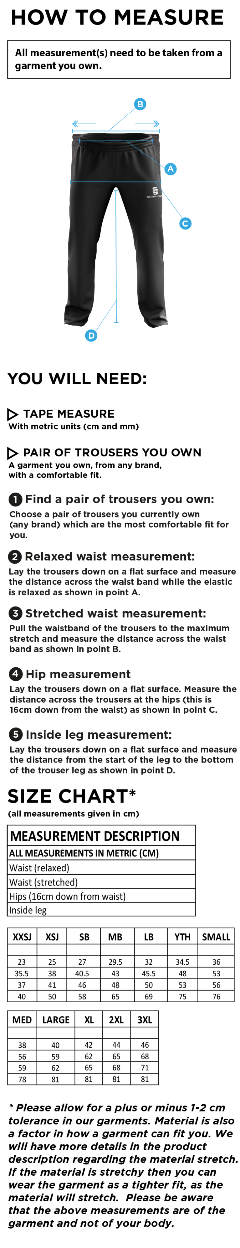 Oakfield & Rowlands CC - Poplin Track Pant - Size Guide