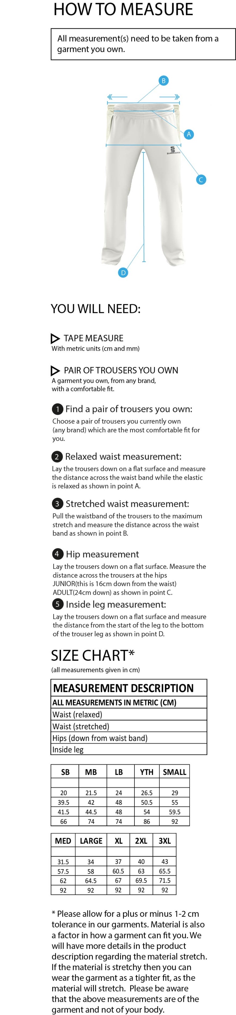 Oakfield & Rowlands CC - Standard Playing Pant - Size Guide
