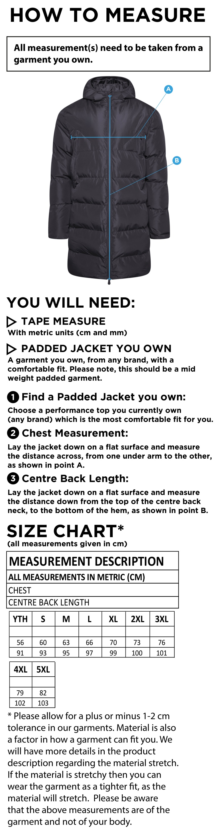 Oakfield and Rowlands ACTIVE LONG PADDED JACKETS - Size Guide