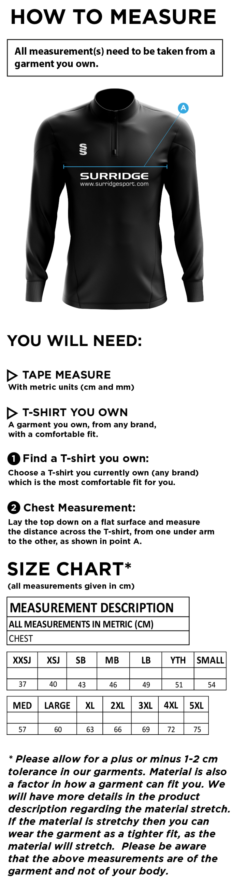 Oakfield & Rowlands CC - Blade Performance Top - Size Guide