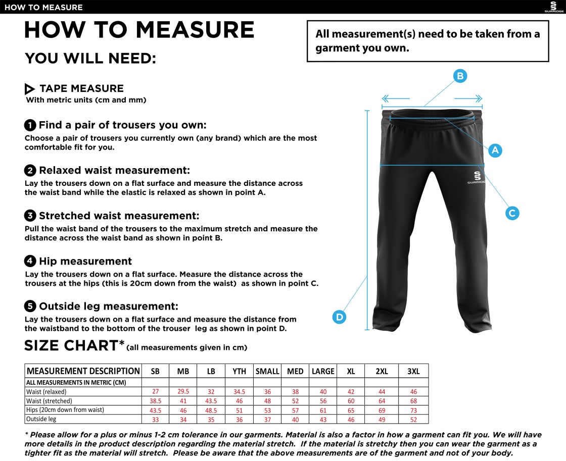 Oakfield & Rowlands CC - Ripstop Track Pant - Size Guide